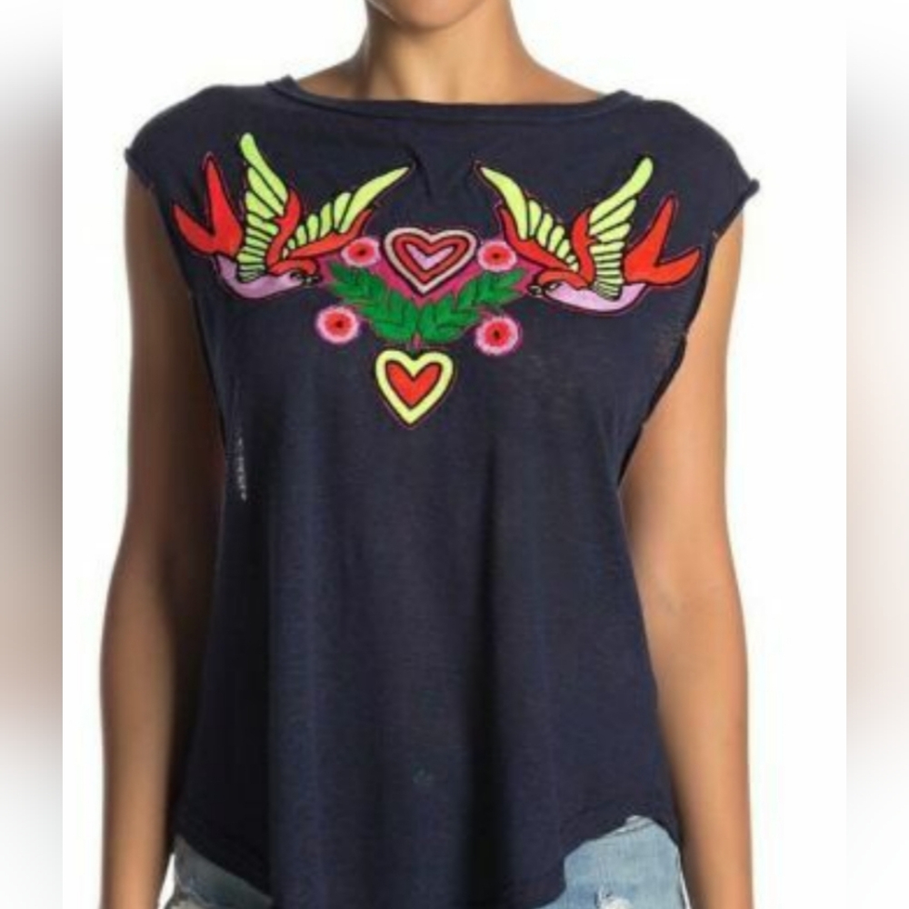 Free People Navy Tank Top with Colorful Bird Embroidery